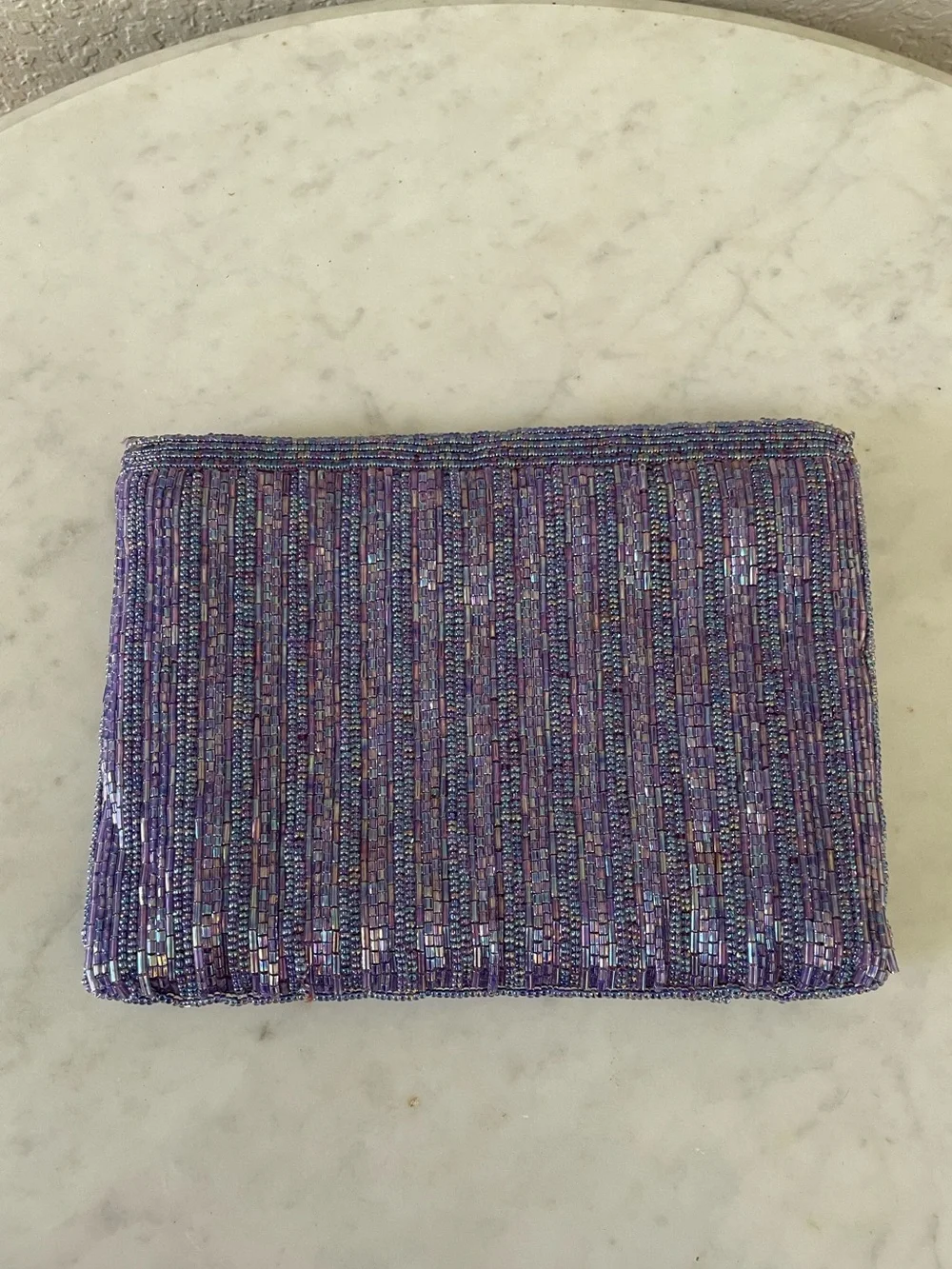 Vintage Magid Hand Beaded Lavender Lilac Glass Bead Evening Clutch Made in Macau
